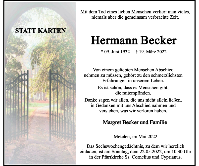  Traueranzeige für Hermann Becker vom 14.05.2022 aus 