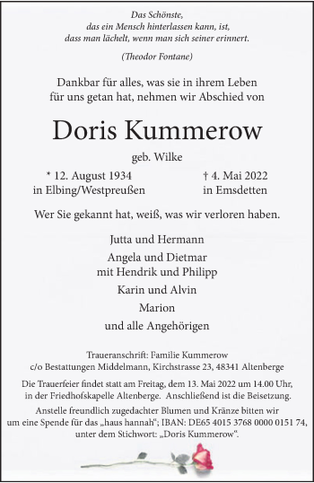 Anzeige von Doris Kummerow 