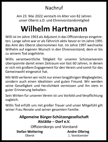 Anzeige von Wilhelm Hartmann 