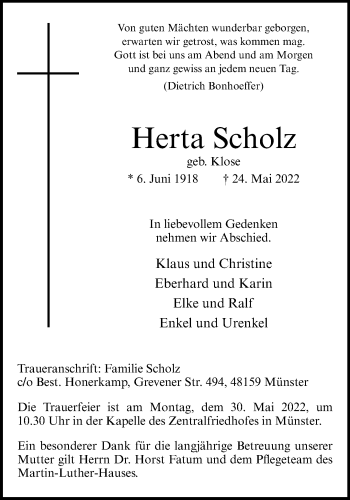 Anzeige von Herta Scholz 