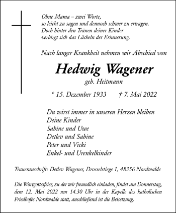 Anzeige von Hedwig Wagener 