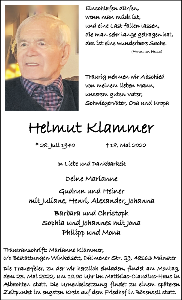  Traueranzeige für Helmut Klammer vom 21.05.2022 aus 