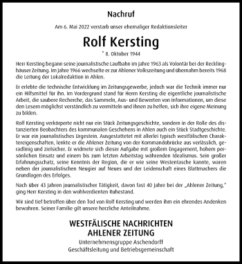 Anzeige von Rolf Kersting 