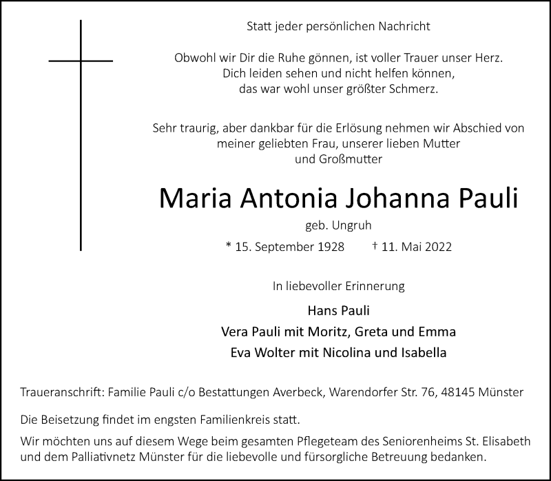  Traueranzeige für Maria Antonia Johanna Pauli vom 14.05.2022 aus 