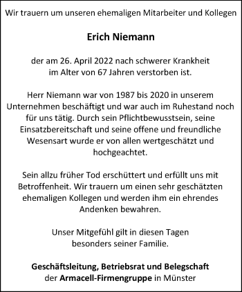Anzeige von Erich Niemann 