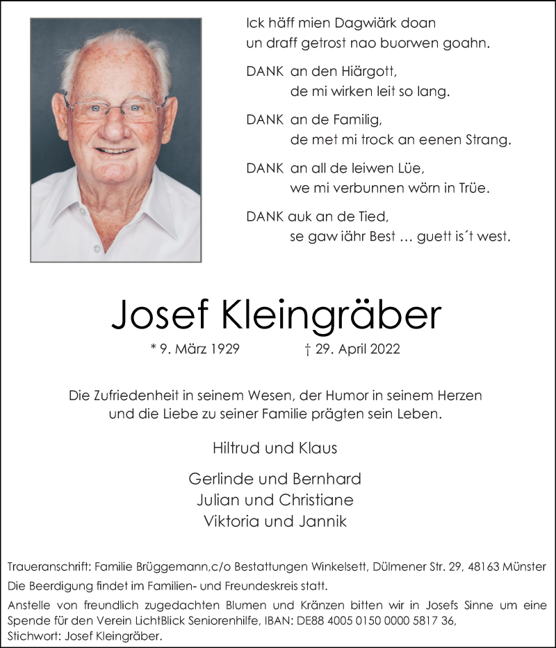  Traueranzeige für Josef Kleingräber vom 04.05.2022 aus 