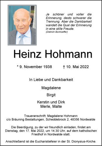 Anzeige von Heinz Hohmann 