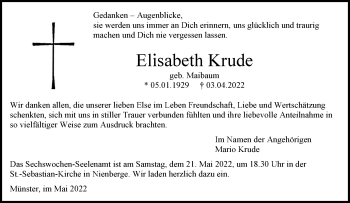 Anzeige von Elisabeth Krude 