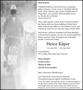 Anzeige von Heinz Küper 