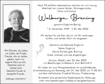 Anzeige von Walburga Brüning 