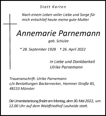 Anzeige von Annemarie Parnemann 