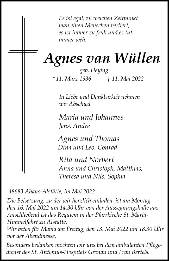  Traueranzeige für Agnes van Wüllen vom 13.05.2022 aus 