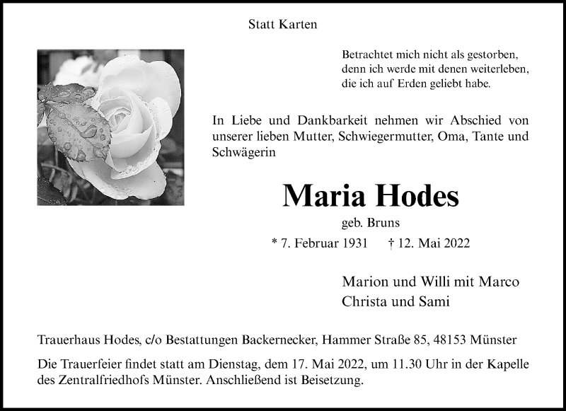  Traueranzeige für Maria Hodes vom 14.05.2022 aus 