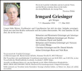 Anzeige von Irmgard Griesinger 