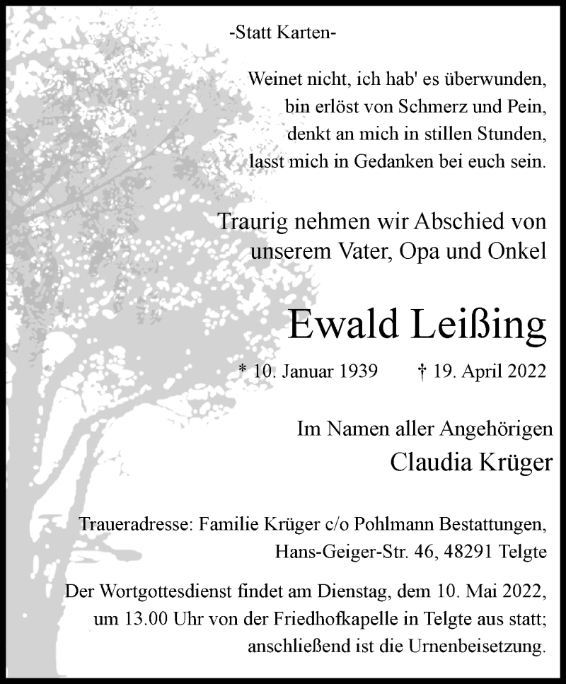  Traueranzeige für Ewald Leising vom 06.05.2022 aus 