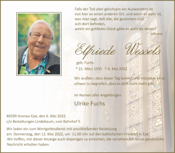 Anzeige von Elfriede Wessels 
