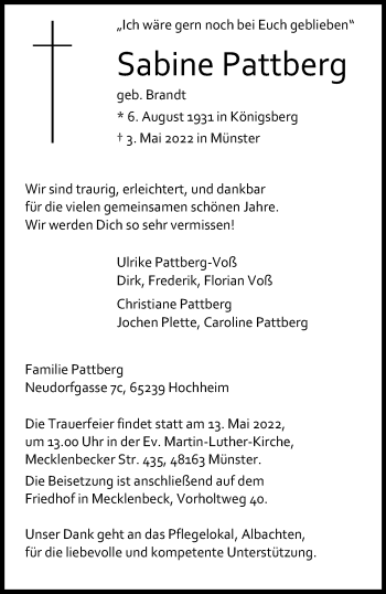 Anzeige von Sabine Pattberg 