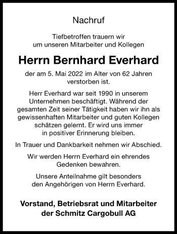 Anzeige von Bernhard Everhard 