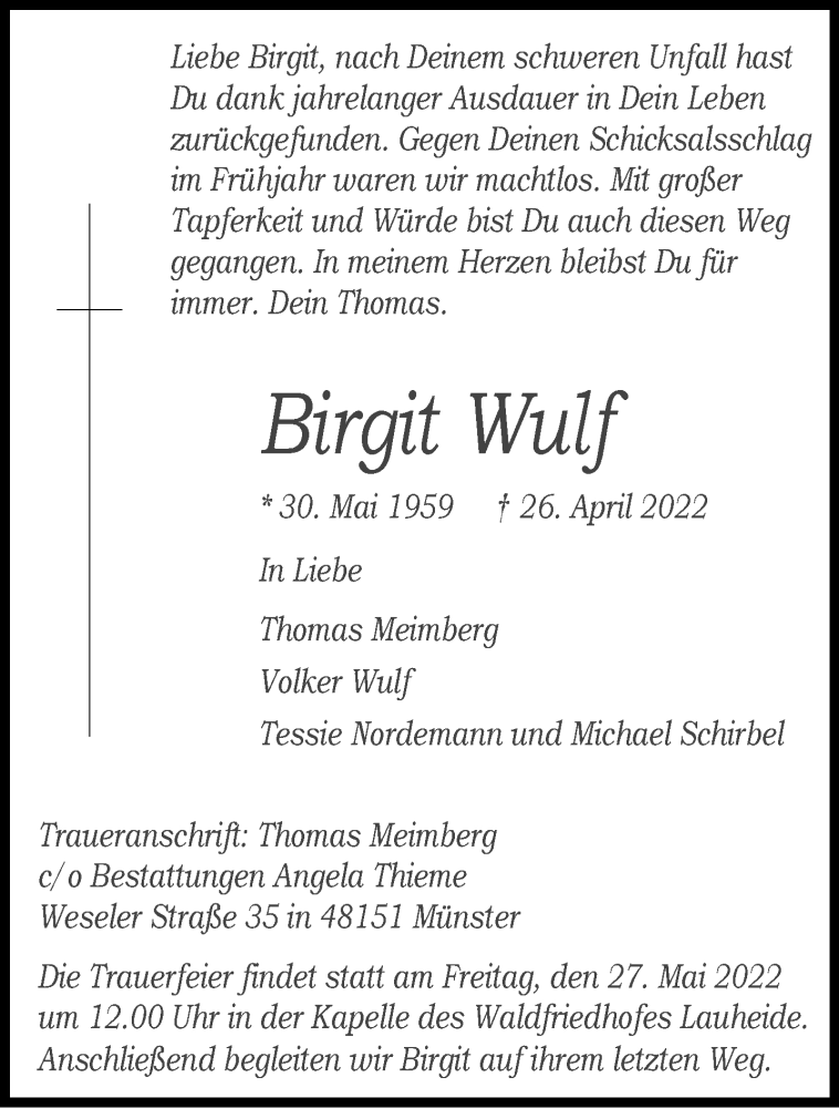  Traueranzeige für Brigit Wulf vom 21.05.2022 aus 