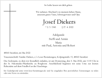 Anzeige von Josef Diekers 