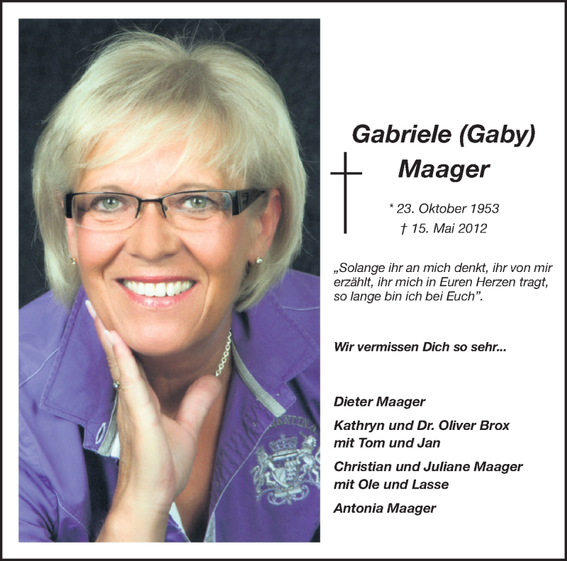  Traueranzeige für Gabriele Maager vom 14.05.2022 aus 