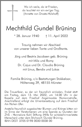 Anzeige von Mechthild Gundel Brüning 