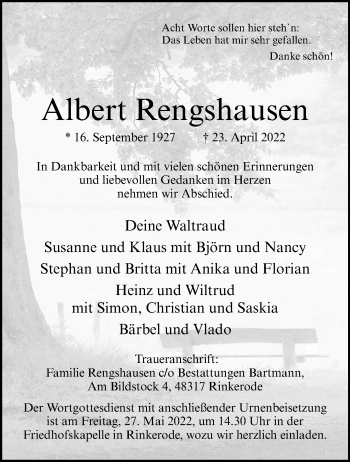 Anzeige von Albert Rengshausen 