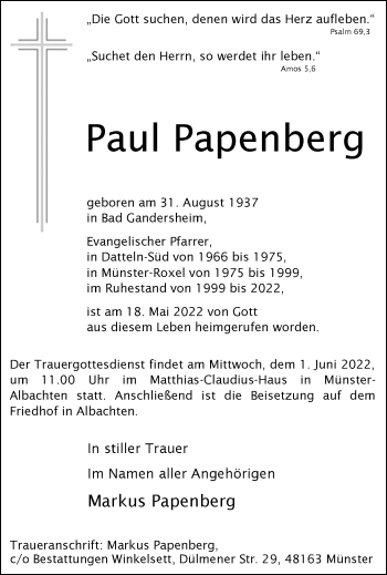 Anzeige von Paul Papenberg 