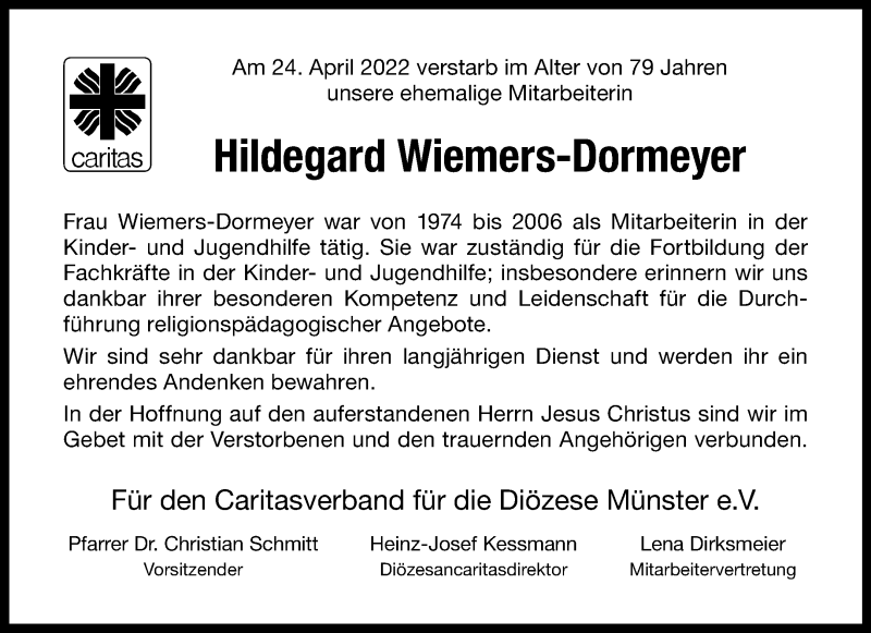  Traueranzeige für Hildegard Wiemers-Dormeyer vom 04.05.2022 aus 