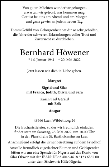 Anzeige von Bernhard Höwener 