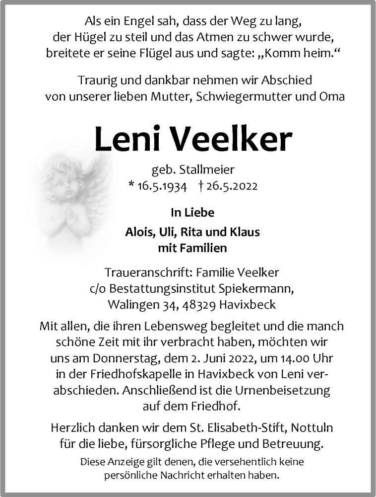  Traueranzeige für Leni Veelker vom 28.05.2022 aus 