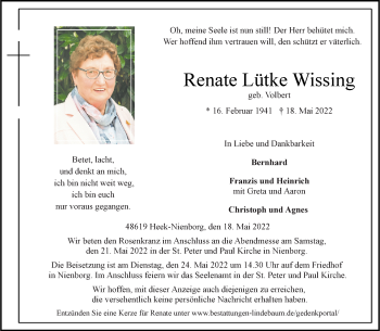 Anzeige von Renate Wissing 