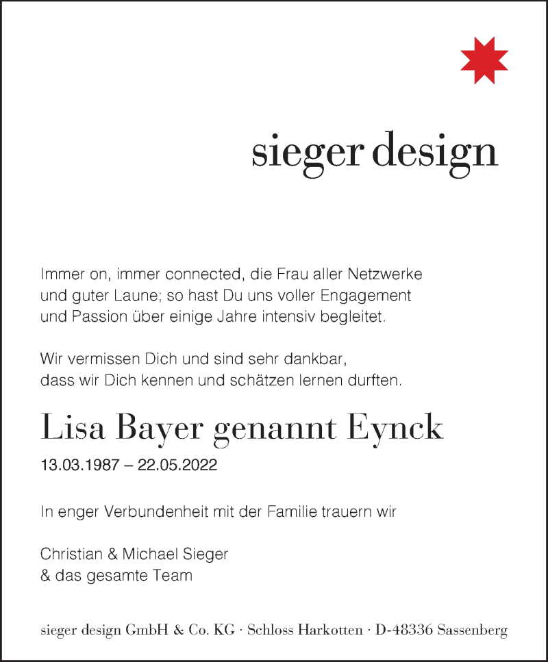  Traueranzeige für Lisa Franziska Bayer-Eynck vom 25.05.2022 aus 