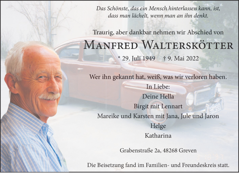 Traueranzeige für Manfred Walterskötter vom 18.05.2022 aus 