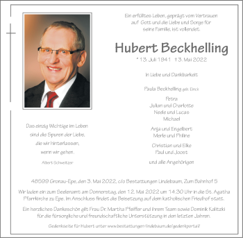 Anzeige von Hubert Beckhelling 