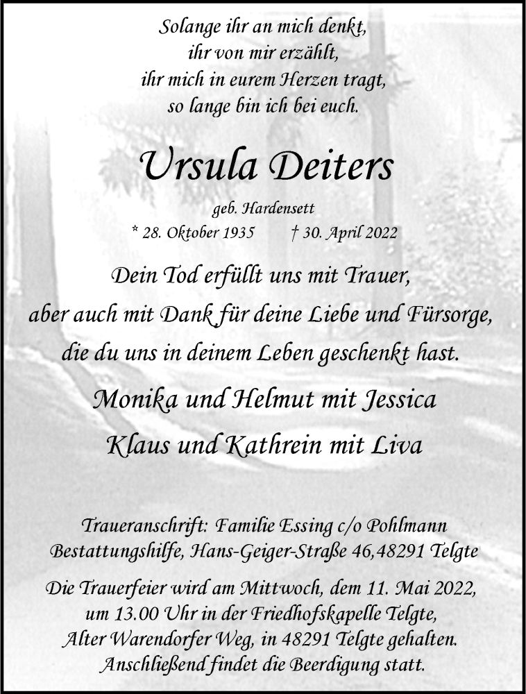  Traueranzeige für Ursula Deiters vom 07.05.2022 aus 