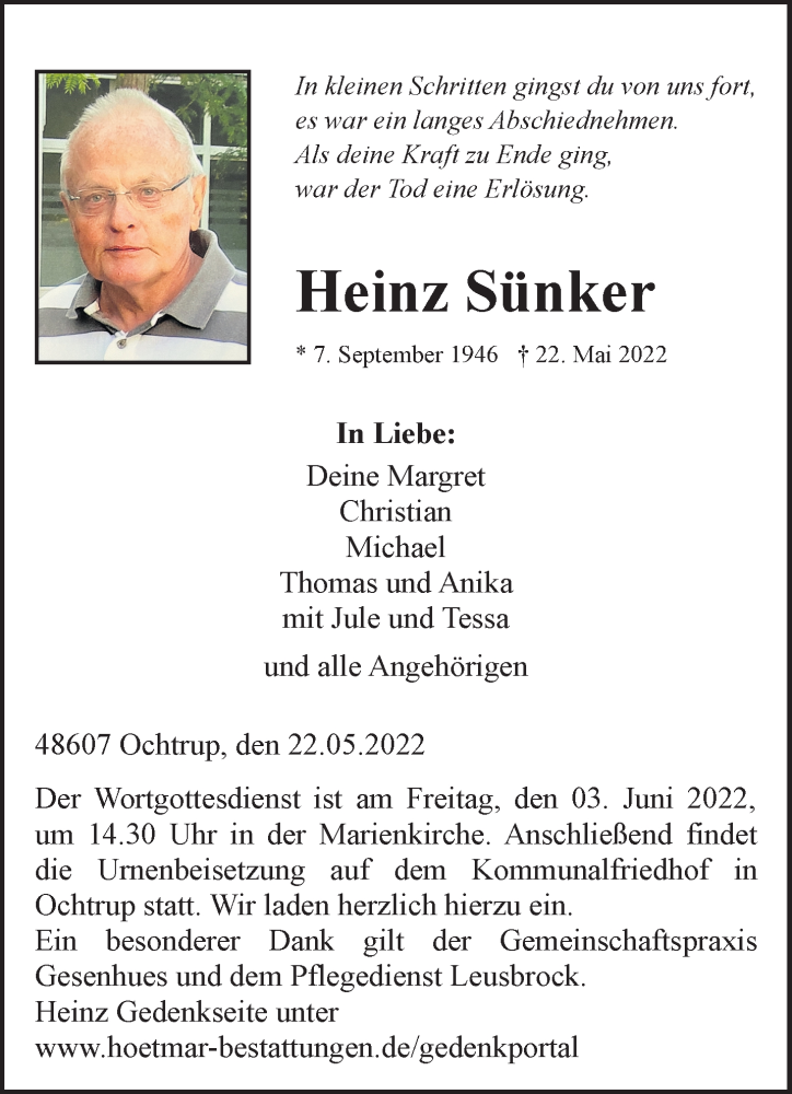  Traueranzeige für Heinz Sünker vom 25.05.2022 aus 