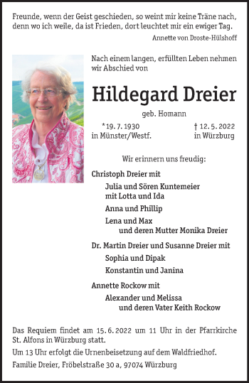 Anzeige von Hildegard Dreier 