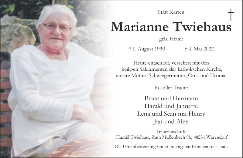  Traueranzeige für Marianne Twiehaus vom 07.05.2022 aus 