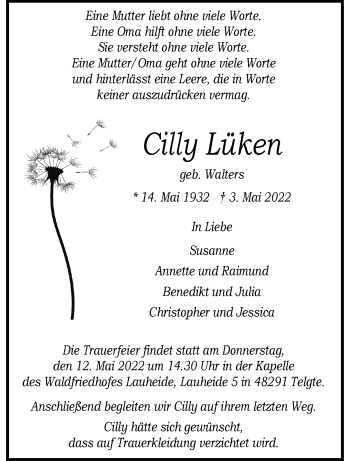 Anzeige von Cilly Lüken 