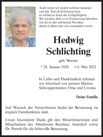 Anzeige von Hedwig Schlichting 