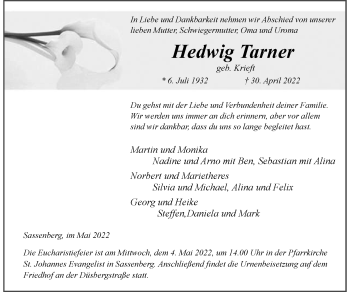 Anzeige von Hedwig Tarner 