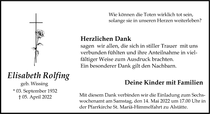  Traueranzeige für Elisabeth Rolfing vom 10.05.2022 aus 