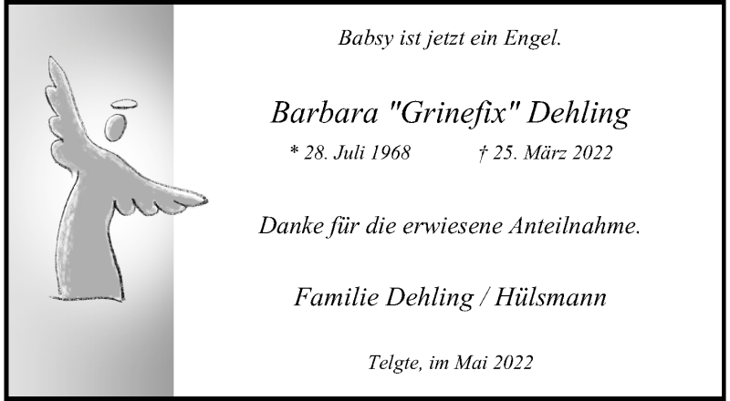  Traueranzeige für Barbara Dehling vom 07.05.2022 aus 