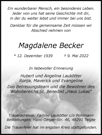 Anzeige von Magdalene Becker 