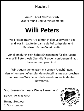 Anzeige von Willi Peters 