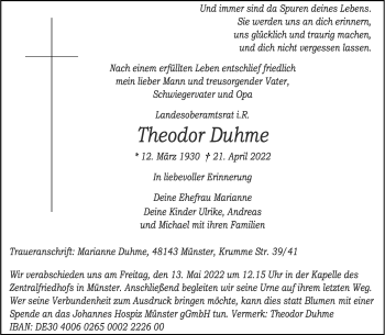 Anzeige von Theodor Duhme 