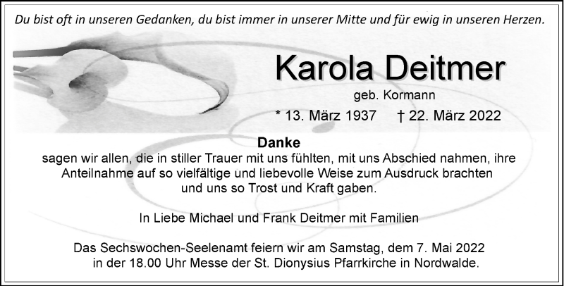  Traueranzeige für Karola Deitmer vom 04.05.2022 aus 