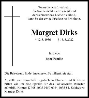 Anzeige von Margret Dirks 