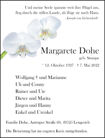 Anzeige von Margarete Dohe 